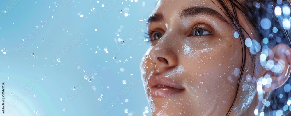 Wall mural Woman with smooth skin surrounded by flying water drops. Free copy space for text.