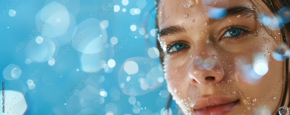 Wall mural Woman with smooth skin surrounded by flying water drops. Free copy space for text.