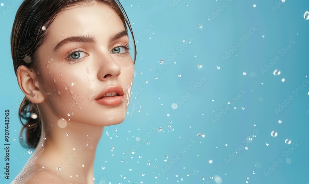 Wall mural Woman with smooth skin surrounded by flying water drops. Free copy space for text.