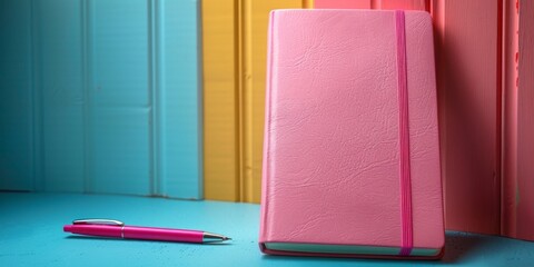 a notebook with a pen, pastel colors, copy space