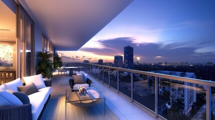 Fototapeta premium A contemporary terrace lounge featuring a stylish glass railing, plush outdoor seating, and a stunning view of a city skyline under a twilight sky.