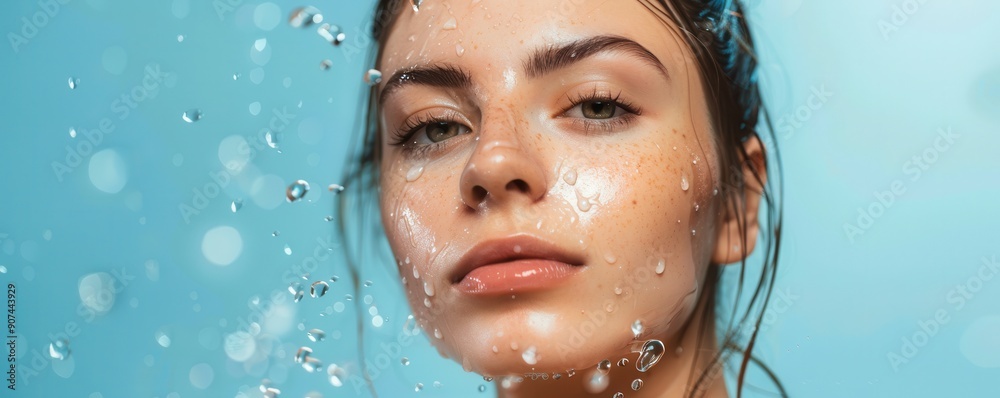 Wall mural Woman with smooth skin surrounded by flying water drops. Free copy space for text.