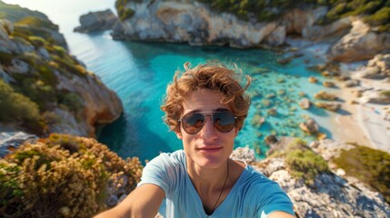 A young male travel video blogger vlogger wearing sunglasses takes selfies against the backdrop of a beach on a tropical island