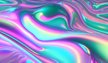 Fototapeta premium Holographic iridescent surface with a wrinkled vaporwave texture. Trendy design featuring multiple colors in an 80's webpunk neon style. This eye-catching aesthetic is perfect for modern digital art.