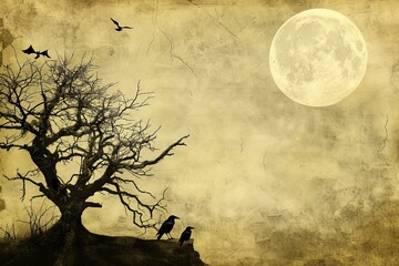 A vintage Halloween background with a spooky tree, ravens, and a full moon 