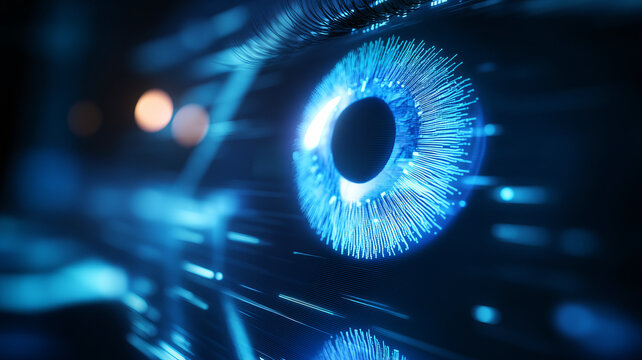A close-up of a futuristic eye with glowing blue patterns, symbolizing technology and vision in a vibrant digital landscape.