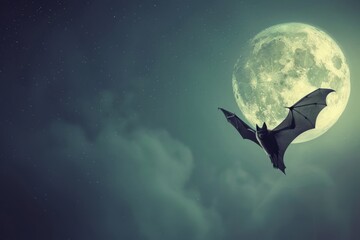 Simple, adorable bat with tiny wings flying across a moonlit sky with a light pastel background