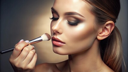 Fototapeta premium Professional makeup artist applying a thin layer of highlighter on the model's cheekbones, enhancing her natural glow.