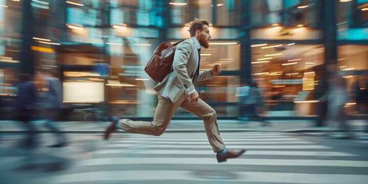 Male office worker holding a briefcase runs