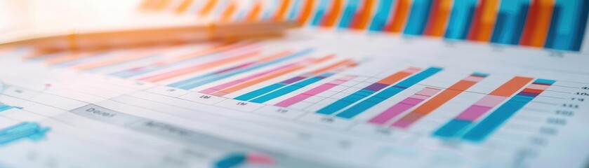 Close-up of mutual fund performance charts showing revenue increase, high-tech office, profit analysis, clear visuals