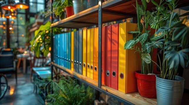 Multicolored new segregator folders stand on a shelf in a modern office
