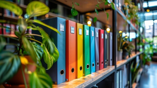 Multicolored new segregator folders stand on a shelf in a modern office