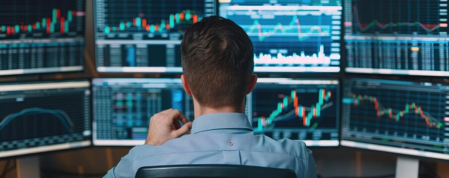 Fund manager analyzing mutual fund performance on multiple screens, high-tech office, detailed financial charts, focused atmosphere