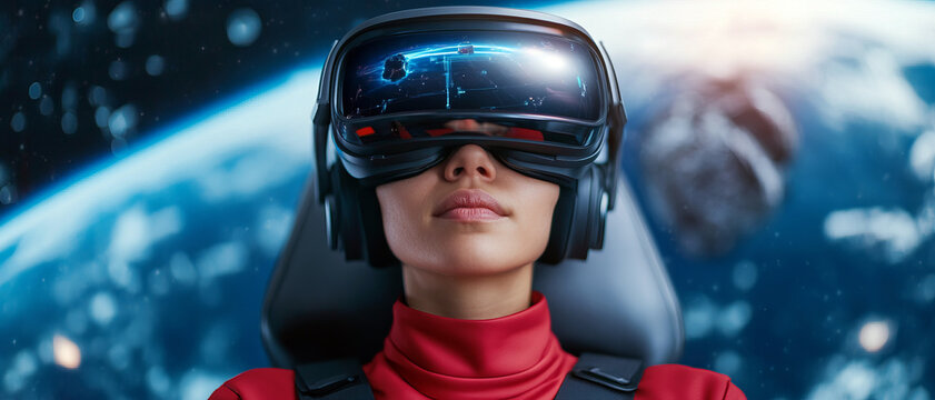 A futuristic woman experiences immersive virtual reality in space, showcasing advanced technology and breathtaking cosmic scenery.