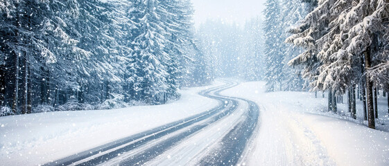 A scenic winter road winding through snow-covered trees, capturing the serene beauty of a snowy landscape.