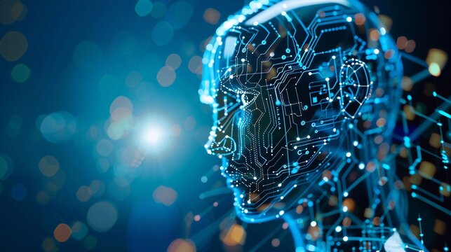 A futuristic avatar graphical face with holographic projections, blurring the boundaries between human and machine.