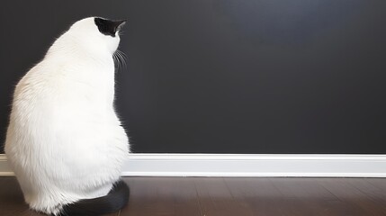 White Cat with Copy Space: The white cat is positioned to the left of the frame, sitting calmly and gazing into the distance. The dark room provides a seamless background, with the right side 