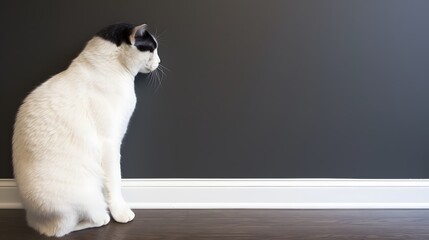 White Cat with Copy Space: The white cat is positioned to the left of the frame, sitting calmly and gazing into the distance. The dark room provides a seamless background, with the right side 