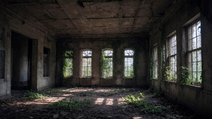 Obraz premium Desolate asylum filled with shadows, broken windows, and overgrown ivy, creating an eerie atmosphere with hints of ghostly figures.