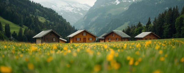 Swiss architecture, chalets, focus on, mountain living, surreal, blend mode, alpine meadow