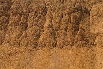 The surface of the dry land is covered with abstract patterns, shapes and textures. Excavated land. The soil looks fragile and is prone to landslides