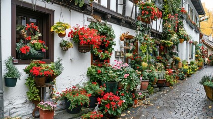 Obraz premium Cobblestone Street with Flower Decorated Building.