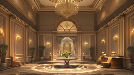 Obraz premium A clean hotel with closed doors, stylish lighting, and carpeted floors, creating a sense of anticipation