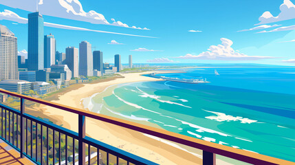 sea and city, A stunning view from a hotel overlooking the city skyline, beach, or mountains