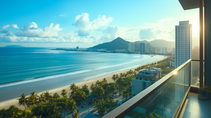 Fototapeta premium view from the beach, A stunning view from a hotel overlooking the city skyline, beach, or mountains