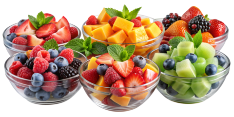 Assorted Fruit Salads in Clear Bowls on Transparent Background for Healthy Eating Designs. Perfect for: Summer, health food stores, nutrition blogs, cooking shows