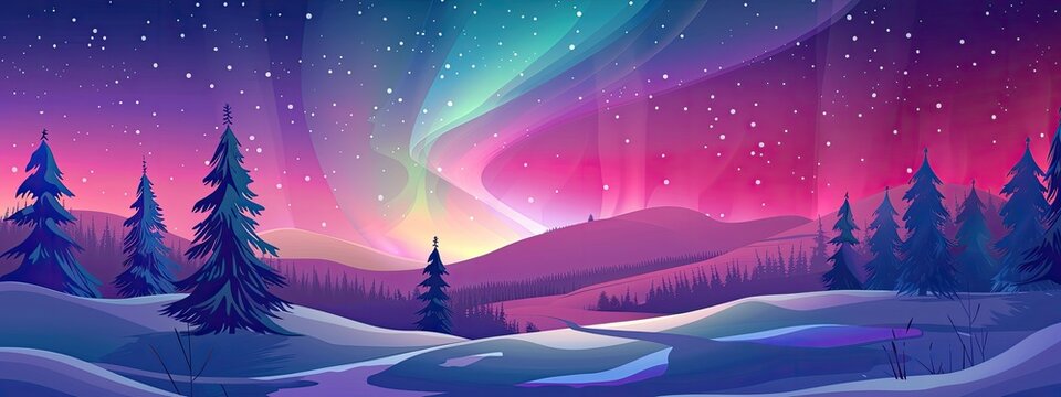 Beautiful arctic aurora in the night sky. Bright aurora borealis. Winter landscape in the northern regions. Snowy valley. Spruce trees in snowdrifts. 
