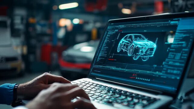 A car mechanic checks a vehicle's performance and system quality using a laptop in a high-tech garage. The mechanic's dedication to precision and thoroughness is evident as they provide reliable diagn