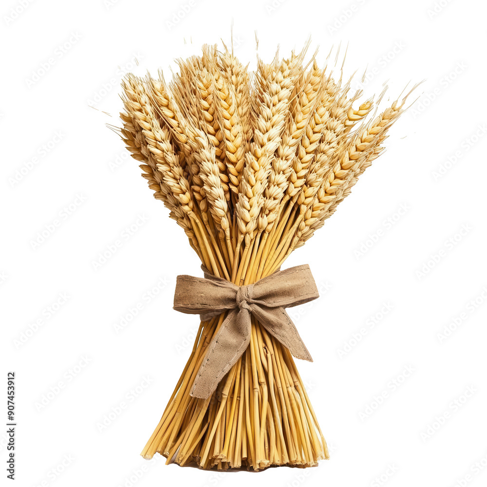 Wall mural a bundle of golden wheat tied with a rustic ribbon on transparent background