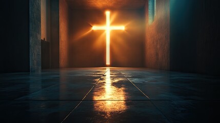 Glowing cross in a church bathed in light, abstractly conveying the core beliefs of Christianity. Suitable for religious and spiritual imagery.
