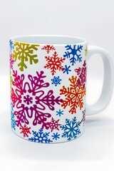 Snowflake Design Mug in Vibrant Colors on Solid White Background..