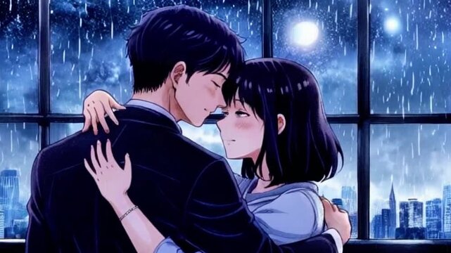 A romantic anime scene of young couple embracing tenderly under the rain