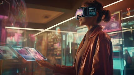 Woman using VR glasses for online shopping. Digital experience in metaverse