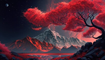 Magical colorful image of mountain with stars above