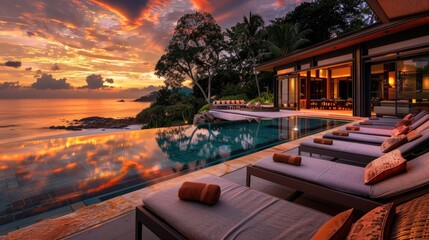 A high-end terrace lounge with a stylish infinity pool, comfortable loungers, and a serene view of a tranquil beach at sunset, with the sky painted in rich hues of orange and red.