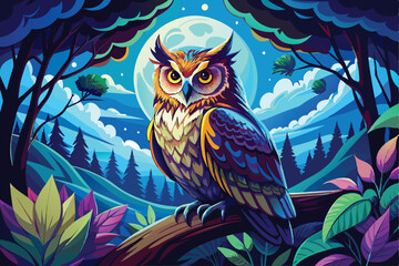 Fototapeta premium A Colorful Owl Perched on a Branch Under a Full Moon