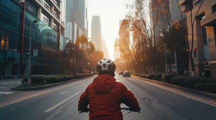 Cyclist riding through a city street at sunrise.