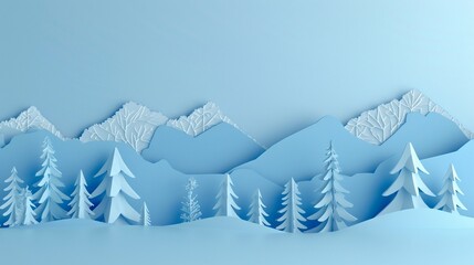 A mountain range with paper cut peaks and trees on a light blue background representing adventure and the great outdoors