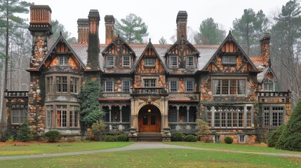Gothic frame mansion in pine forest