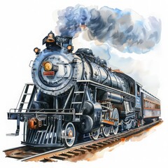 Obraz premium A classic steam locomotive with billowing smoke, showcasing vintage design and historical charm on a scenic railway.