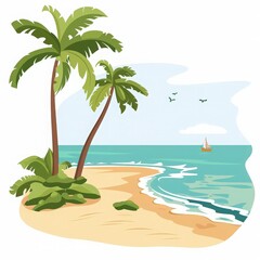 Obraz premium A tranquil beach scene with palm trees, soft waves, and a sailing boat, perfect for relaxation and tropical vibes.
