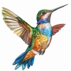Obraz premium Colorful hummingbird in mid-flight showcasing vibrant feathers and intricate patterns, ideal for nature-themed projects.
