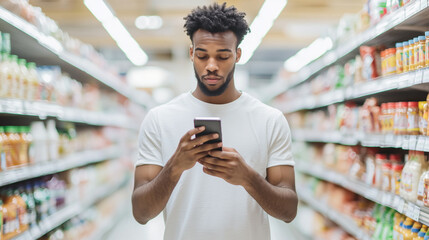Handsome Young Man Standing in Supermarket, Looking at Phone and Comparing Nutrition Values for Different Products - Blurred Shelves with Groceries in Background Photo