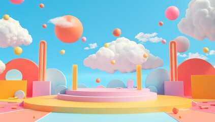 Abstract 3D Scene with Colorful Shapes and Clouds