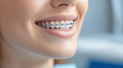 Obraz premium Happy Woman Showing Teeth with Braces - Close-Up Smile, Dental Treatment and Orthodontic Care Photo