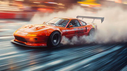 Orange Sports Car Drifting at High Speed with Dramatic City Lights Background Creating Vibrant Motion and Smoke